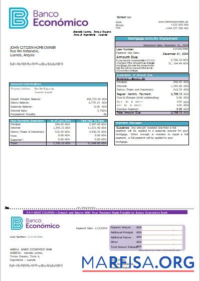 Downloadable Angola Banco Economico bank mortgage statement scr sample